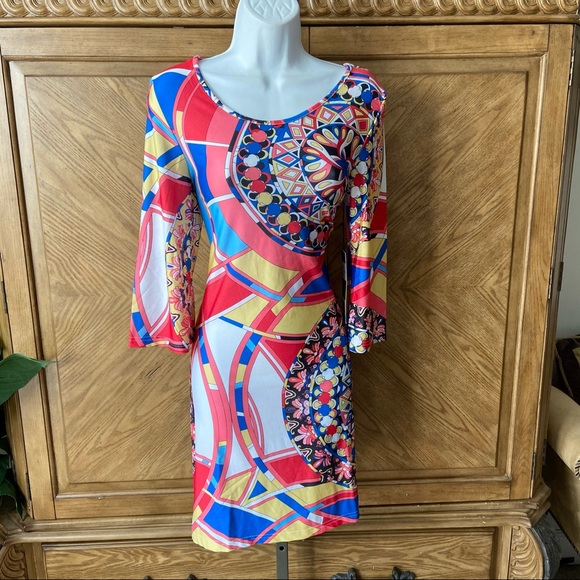 Multicolor floral Geo Print Bodycon shift dress - Picture 2 of 6